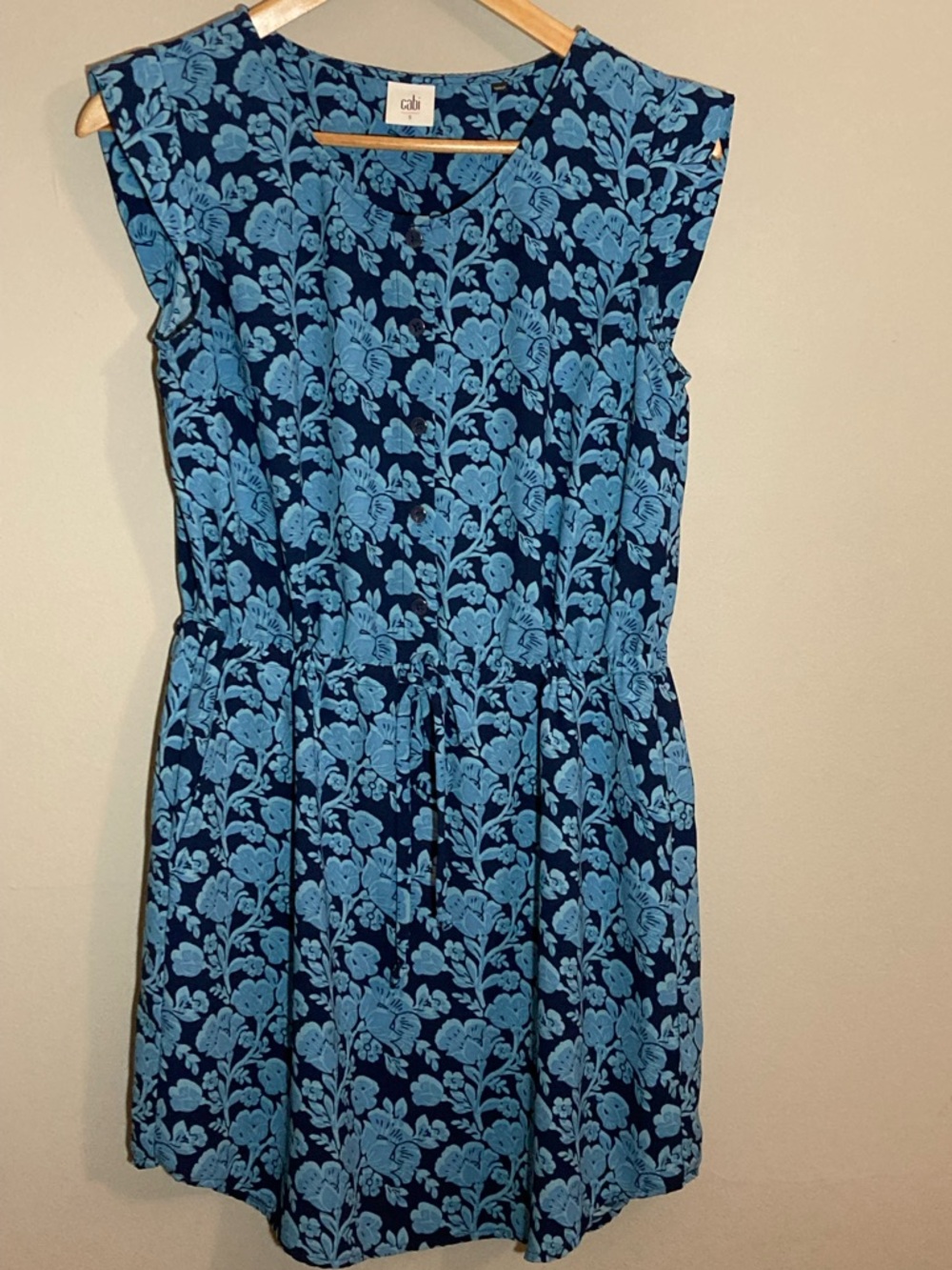 Cabi Blue Floral Sleeveless Dress Drawstring Waist Buttons Sz S